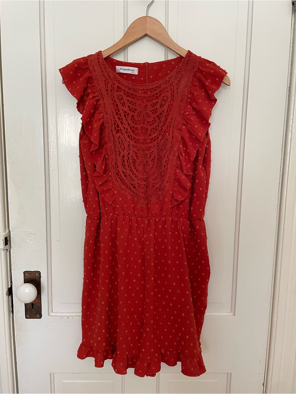 Angashion (Amazon) Dark Orange Crochet Yoke Ruffle Romper, sz L